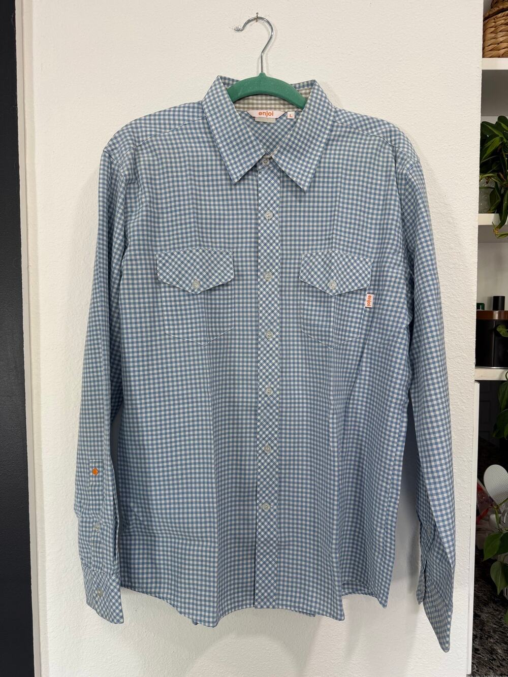 Enjoi Mens L Blue Gingham Western Shirt Long Sleeve Skate Button Up